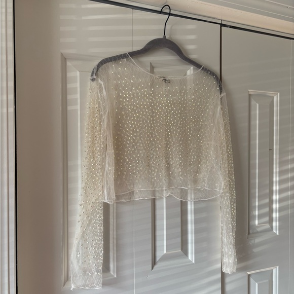 Bear Dance Ivory Sheer Pearl-Embellished Long Sleeve Top - Picture 2 of 6